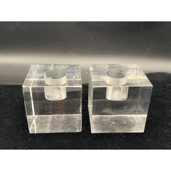 Lucite Block Cube Taper Candlestick Holder MCM Set 2 Vtg Clear Acrylic Incised - Picture 4 of 11